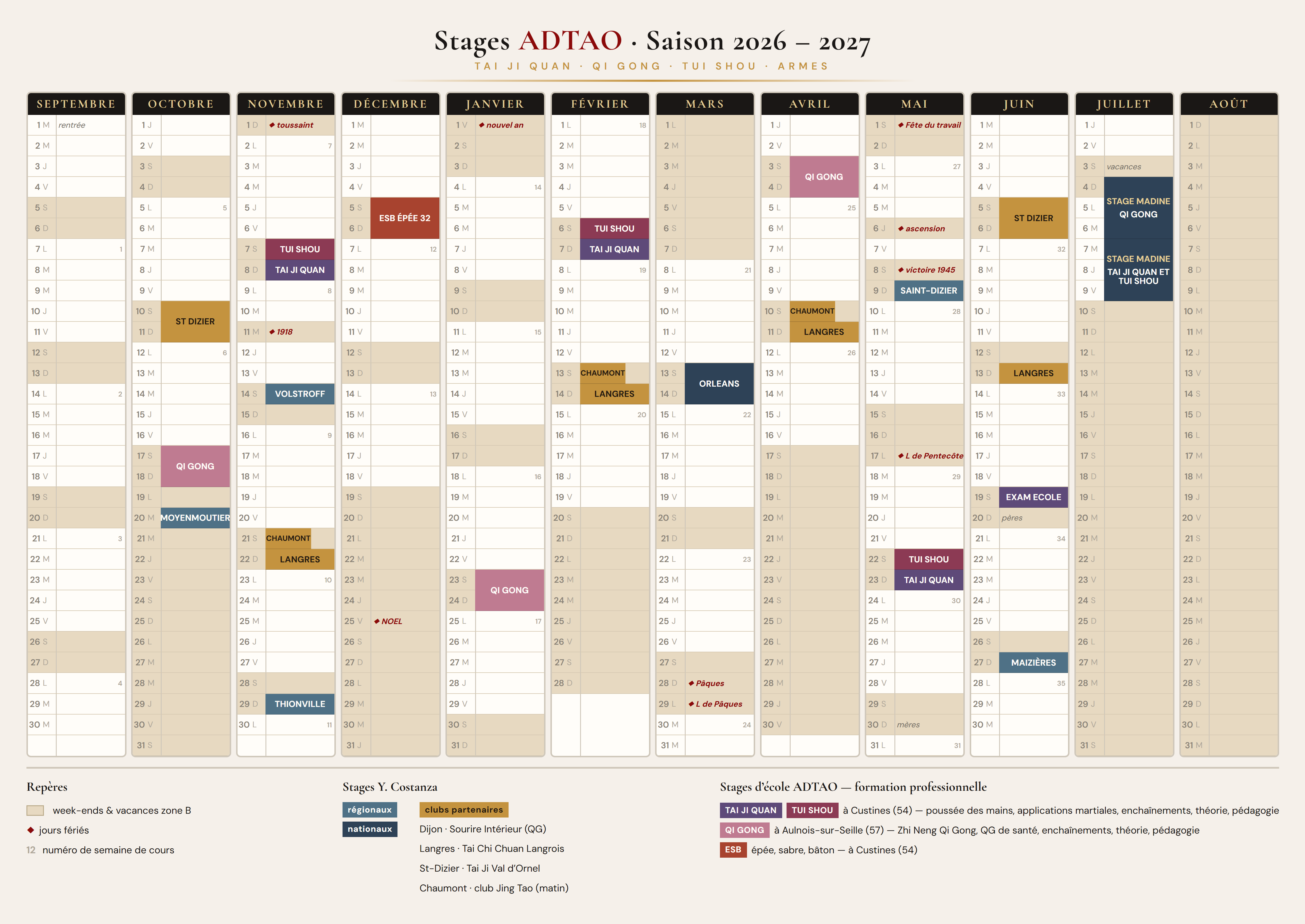 Calendrier des stages ADTAO 2026-2027